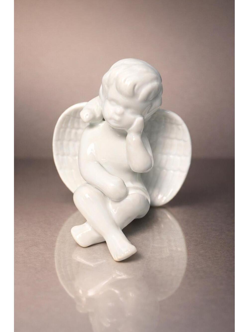 Vintage 1980s White Porcelain Pensive Sitting Cherub Angel Figurine, 3.5x3.75”